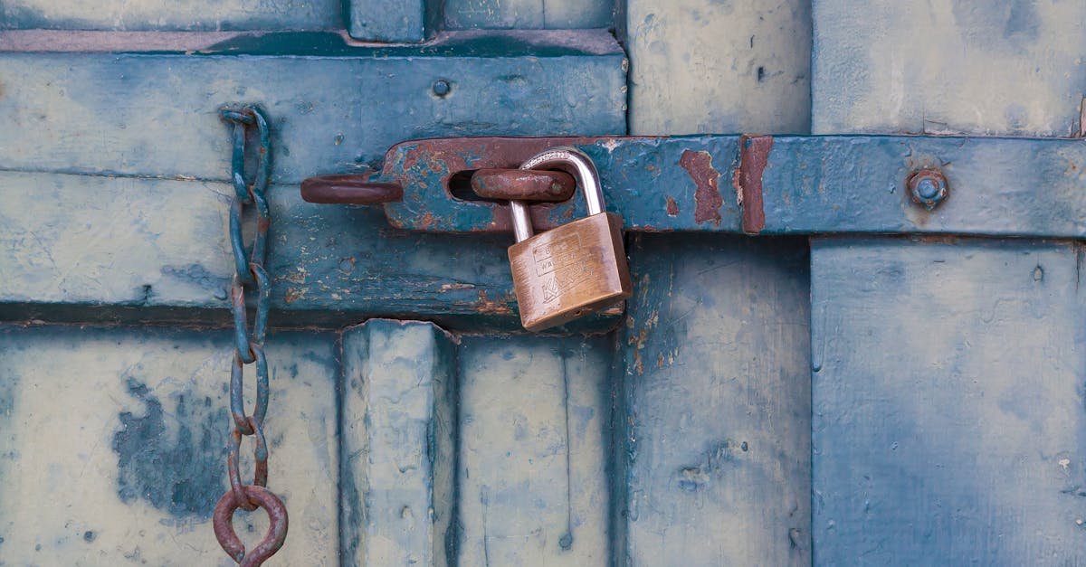 A close-up of a rusty padlock securing a blue painted wooden door with chain and bolt.